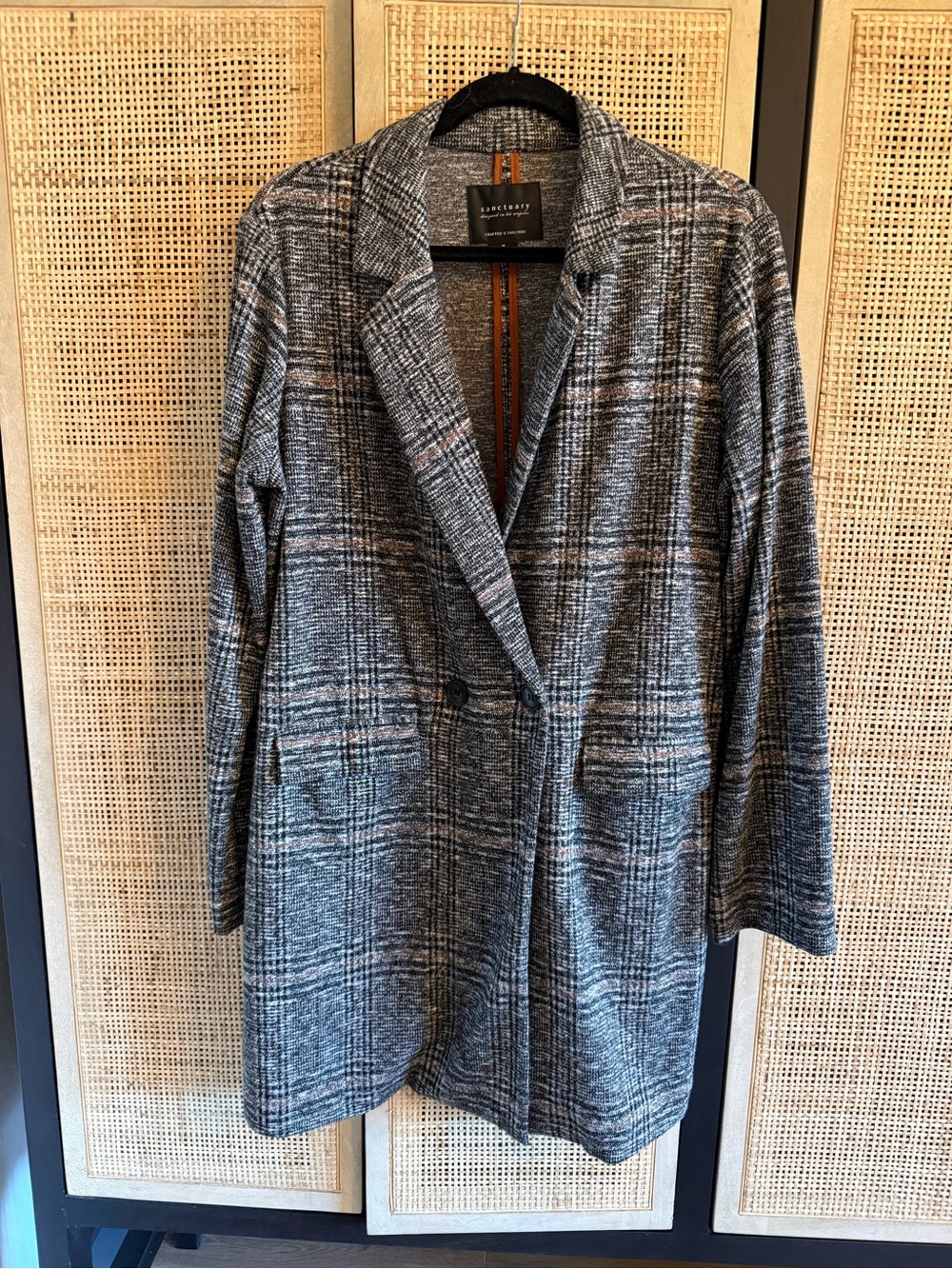 Sanctuary Gray & Black Plaid Single-Button Longline Blazer